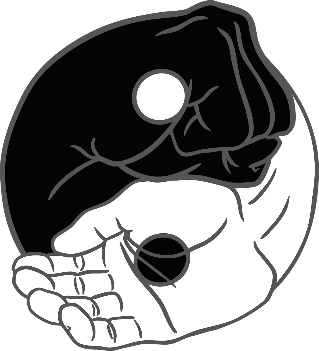 Yin-yang symbol featuring a black fist and an open white palm, representing balance between strength and healing, martial arts and therapeutic touch.